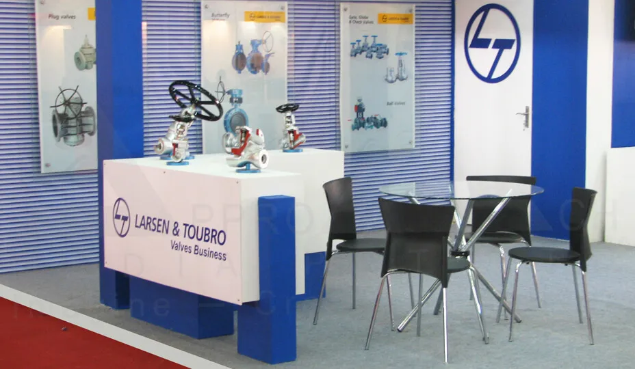 Industrial Valves Exhibition Stall Design at India Cam Ahmedabad — 36 sqm 3 side open trade show booth for L&T Valves at India Cam 2009, 2009
