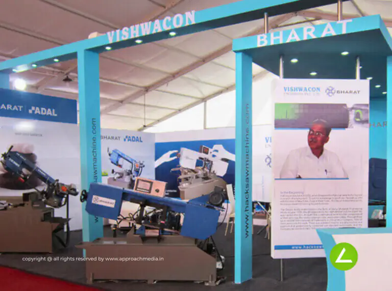 Machine Tools Exhibition Stall Design at Engimach 2010 Ahmedabad — 48 sqm 2 side open trade show booth for Vishwacon at Engimach 2010, 2010