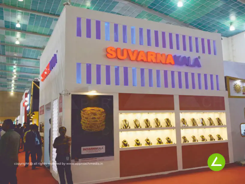 Gold Jewellery Exhibition Stall Design at GGJS 2011 Gandhinagar — 60 sqm 3 side open trade show booth for Suvarnakala at GGJS 2011, 2011