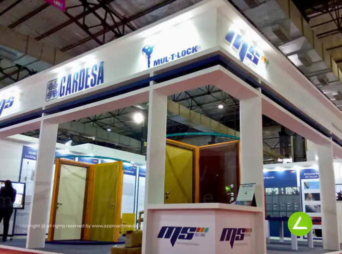 Building Materials Exhibition Stall Design at ACE Tech 2012 New Delhi — 100 sqm 2 side open trade show booth for MS Secure at ACE Tech 2012, 2012