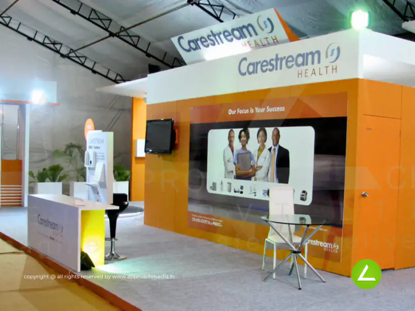 Medical Imaging Exhibition Stall Design at IRIA 2012 Mumbai — 72 sqm 3 side open trade show booth for Carestream Health at IRIA 2012 (Indian Radiology Conference), 2012
