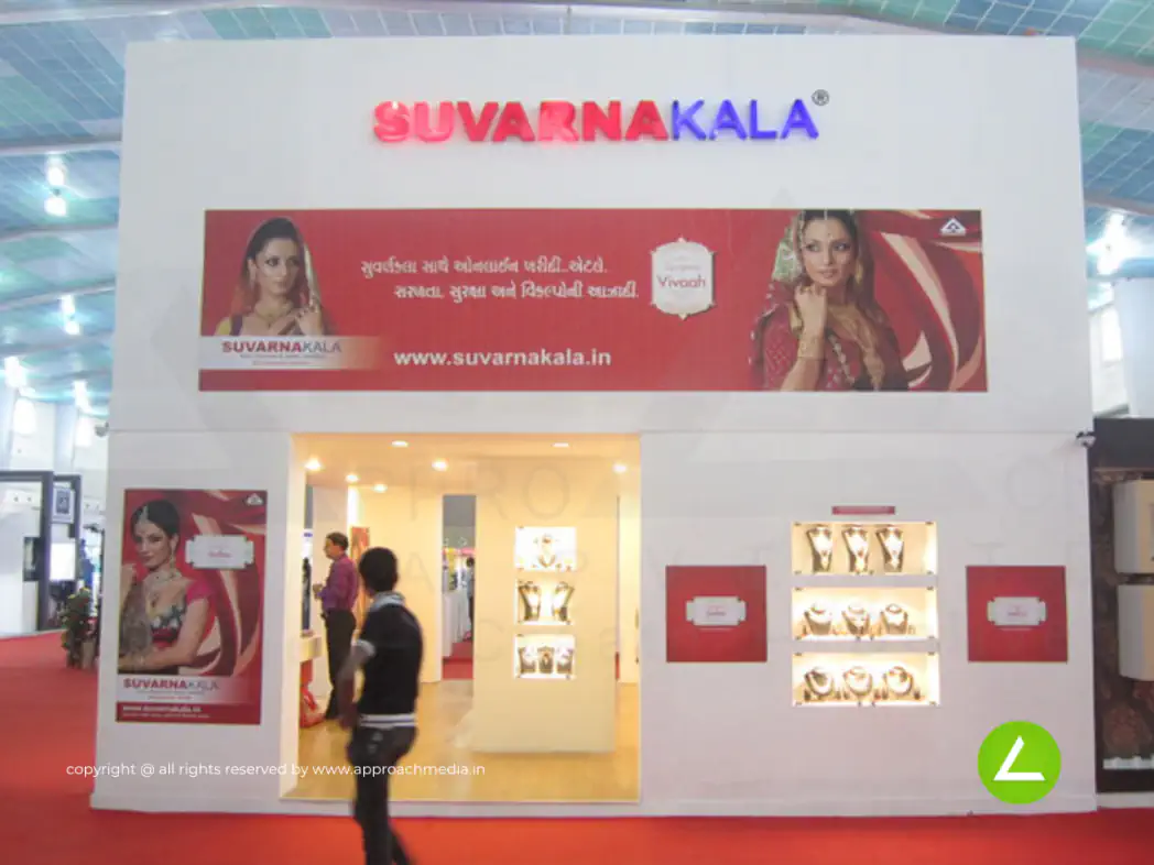 Designer Jewellery Exhibition Stall Design at GGJS 2013 Gandhinagar — 60 sqm 2 side open trade show booth for Suvarnakala at GGJS 2013, 2013