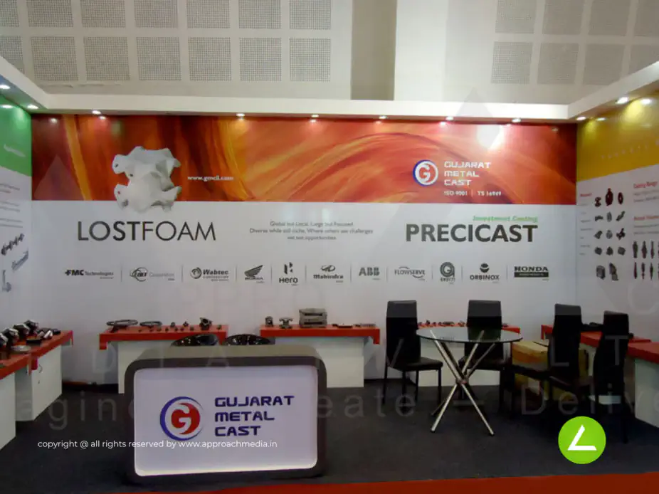 Lost Foam Casting Exhibition Stall Design at IFEX 2014 Gandhinagar — 18 sqm 1 side open trade show booth for Gujarat Metal Cast at IFEX 2014, 2014