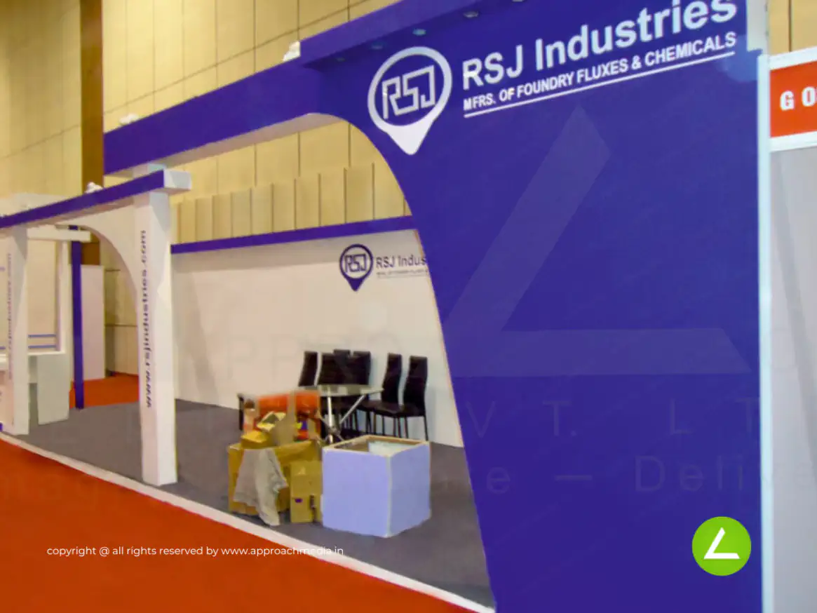 Foundry Flux & Chemicals Exhibition Stall Design at IFEX 2014 Gandhinagar — 27 sqm 2 side open trade show booth for RSJ Industries at IFEX 2014, 2014