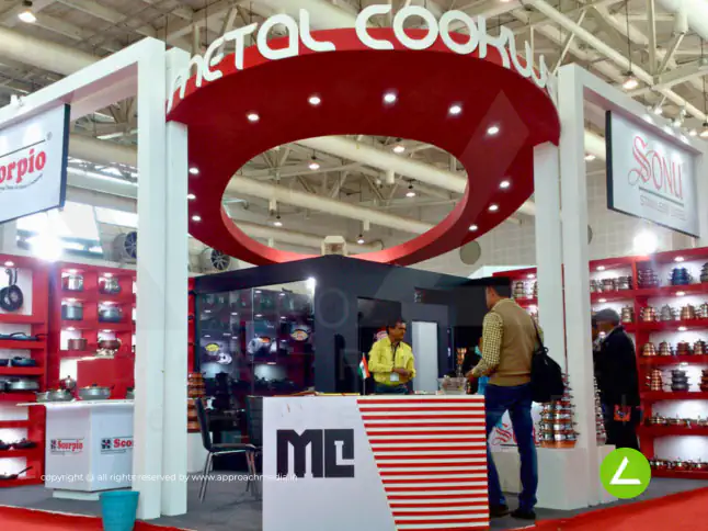 Cookware Exhibition Stall Design at INDINOX Expo 2015 Gandhinagar Metal Cookware — 36 sqm 2 side open trade show booth for Metal Cookware at INDINOX Expo 2015, 2015