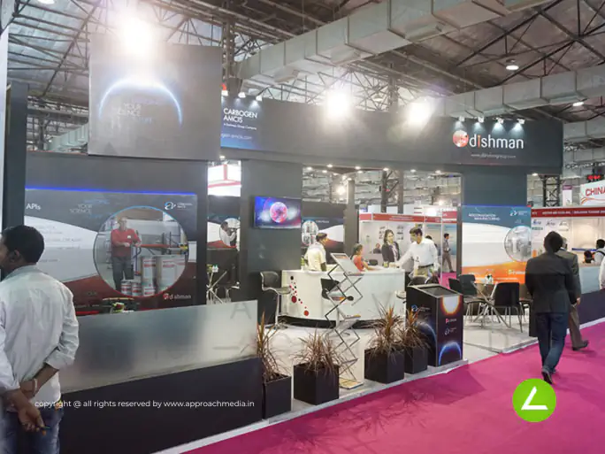 Pharma API Exhibition Stall Design at CPhI 2016 Mumbai Dishman — 78 sqm 3 side open trade show booth for Dishman at CPhI India 2016, 2016