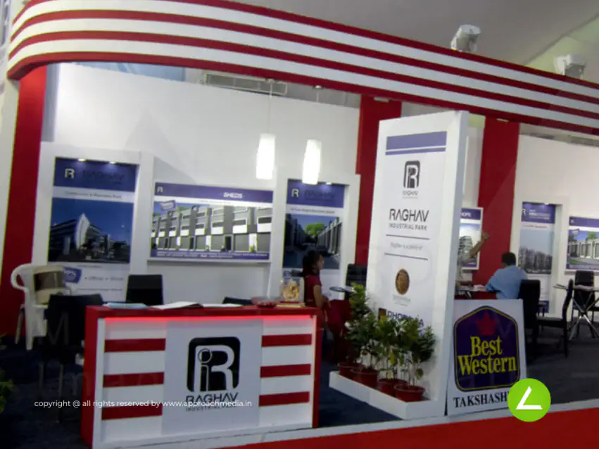 Real Estate Exhibition Stall Design at GIHED 2016 Ahmedabad Raghav — 36 sqm 2 side open trade show booth for Raghav at GIHED 2016, 2016