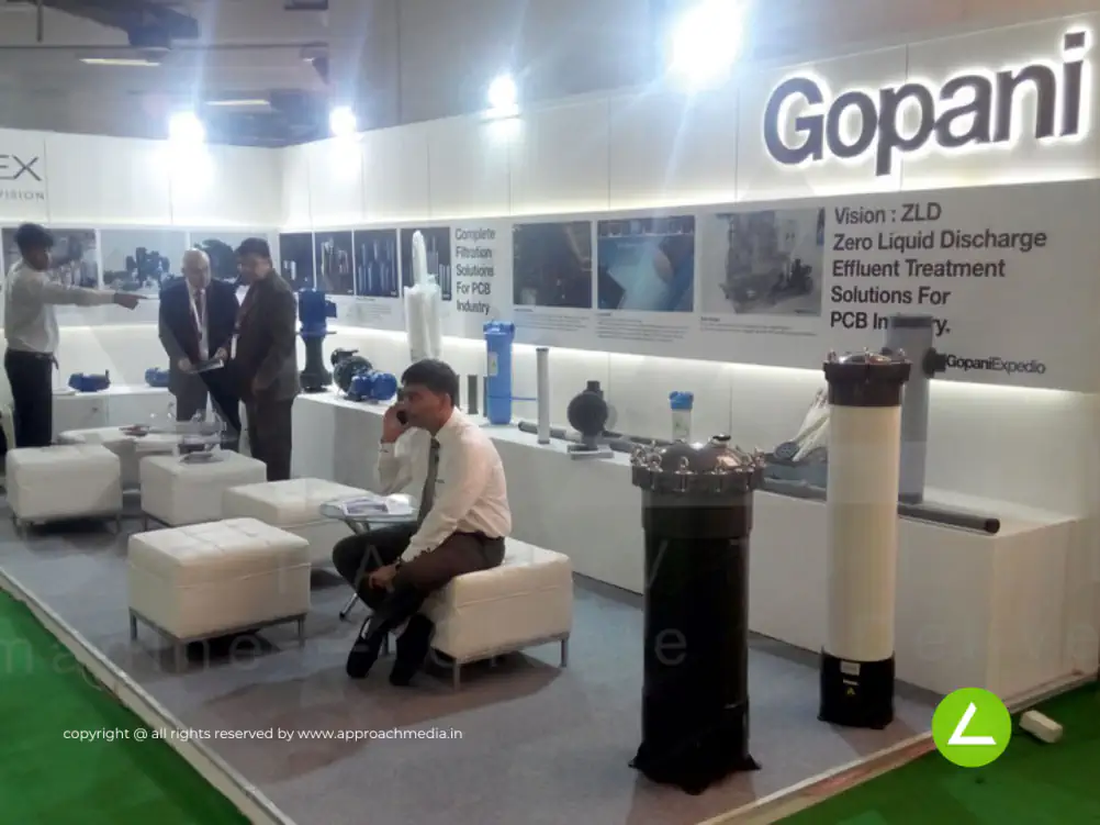 Effluent Treatment Exhibition Stall Design at IPCA Expo 2016 Mumbai Gopani — 18 sqm 2 side open trade show booth for Gopani Enterprise at IPCA Expo 2016, 2016