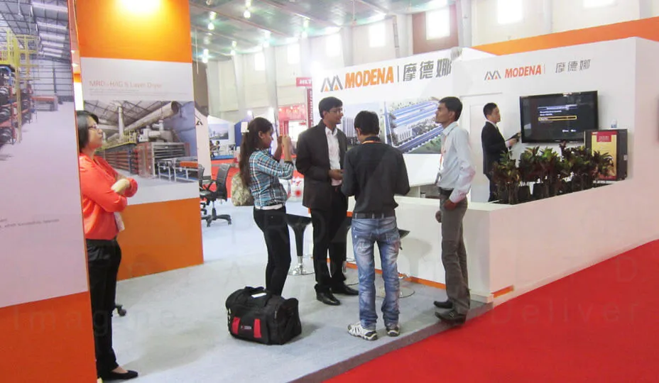 Ceramic Tile Exhibition Stall Design at Indian Ceramic 2016 Mumbai — 180 sqm 3 side open trade show booth for Modena at Indian Ceramic 2016, 2016