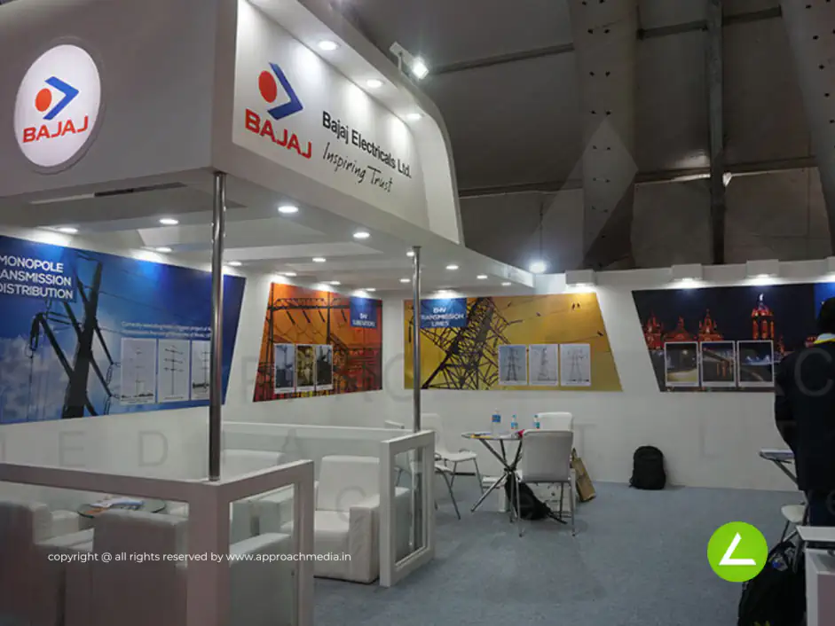 Electrical Products Exhibition Stall Design at Switch Global Expo 2016 Vadodara Bajaj — 48 sqm 2 side open trade show booth for Bajaj Electricals at Switch Global Expo 2016, 2016