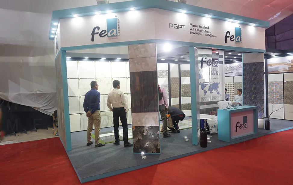 Wall & Floor Tile Exhibition Stall Design at Vibrant Ceramic Ahmedabad — 24 sqm 2 side open trade show booth for Fea at Vibrant Ceramic 2017, 2016