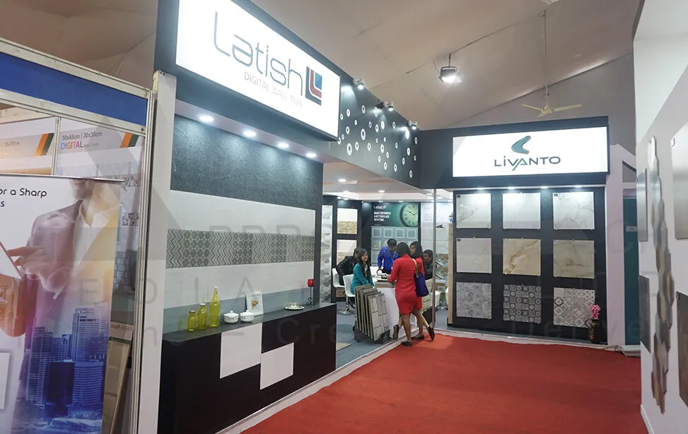 Glazed Tile Exhibition Stall Design at Vibrant Ceramic Ahmedabad — 27 sqm 2 side open trade show booth for Latish at Vibrant Ceramic 2016, 2016