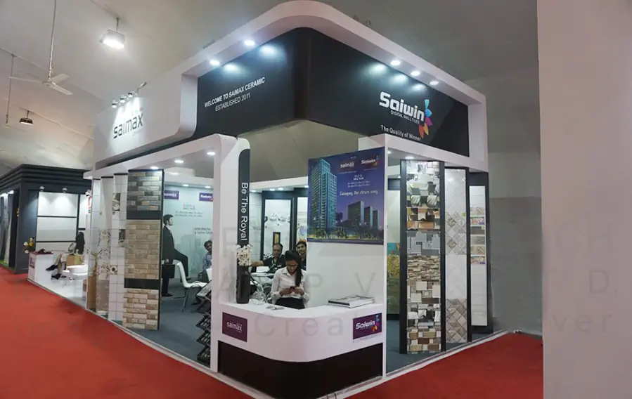 Vitrified Tile Exhibition Stall Design at Vibrant Ceramic Ahmedabad — 18 sqm 2 side open trade show booth for Siamax at Vibrant Ceramic 2016, 2016