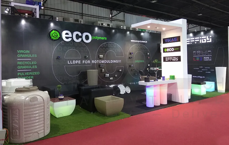 Polymer Granules Exhibition Stall Design at Plasti Vision 2017 Ahmedabad — 27 sqm 1 side open trade show booth for Eco Polymers at Plasti Vision 2017, 2017
