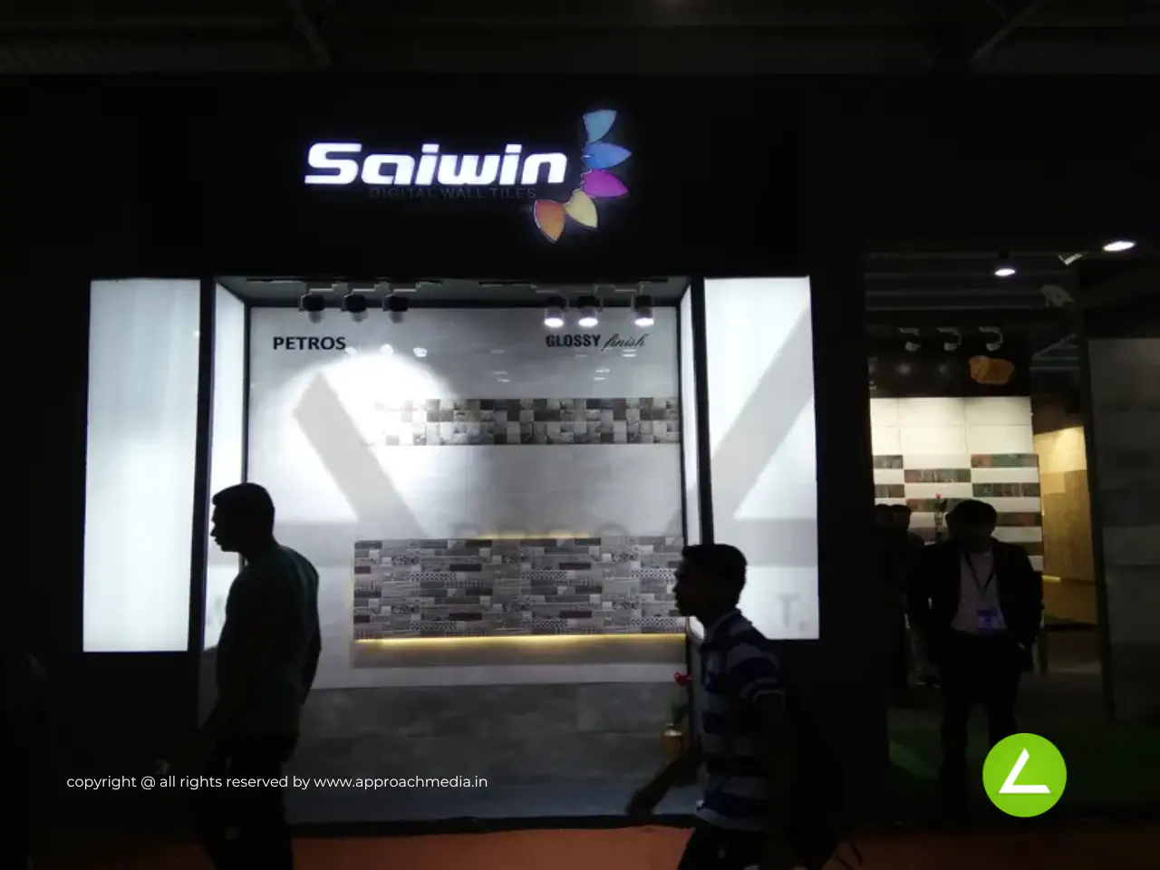 Elevation Tile Showroom Exhibition Stall Design at Vibrant Ceramic 2017 Gandhinagar — 210 sqm 2 side open trade show booth for Saimax at Vibrant Ceramic 2017, 2017
