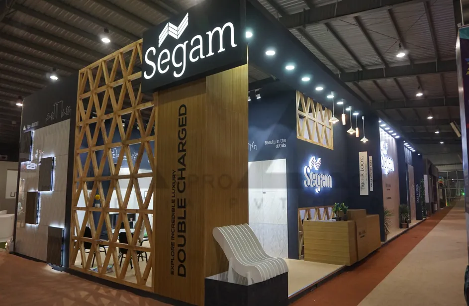 Double Charge Tile Showroom Exhibition Stall Design at Vibrant Ceramic 2017 Gandhinagar — 269 sqm 2 side open trade show booth for Segam at Vibrant Ceramic 2017, 2017