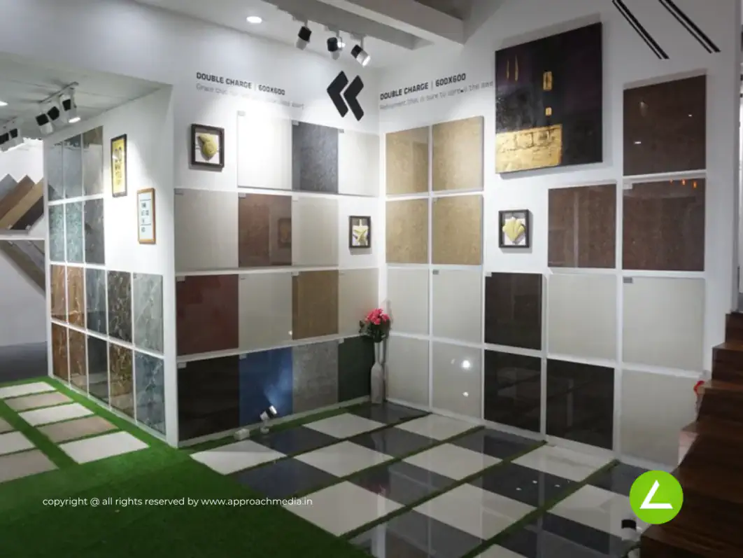 Ceramic Tile Showroom Exhibition Stall Design at Vibrant Ceramic 2017 Gandhinagar — 135 sqm 1 side open trade show booth for Slogan at Vibrant Ceramic 2017, 2017