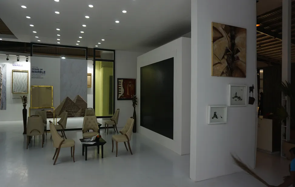 Granito Slab Exhibition Stall Design at Vibrant Ceramic 2017 Gandhinagar — 210 sqm 1 side open trade show booth for Maps at Vibrant Ceramic 2017, 2019