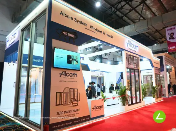 Aluminium Composite Panel Exhibition Stall Design at ACETECH Delhi — 78 sqm 3 side open trade show booth for Alcom at ACETECH Expo 2022, 2022