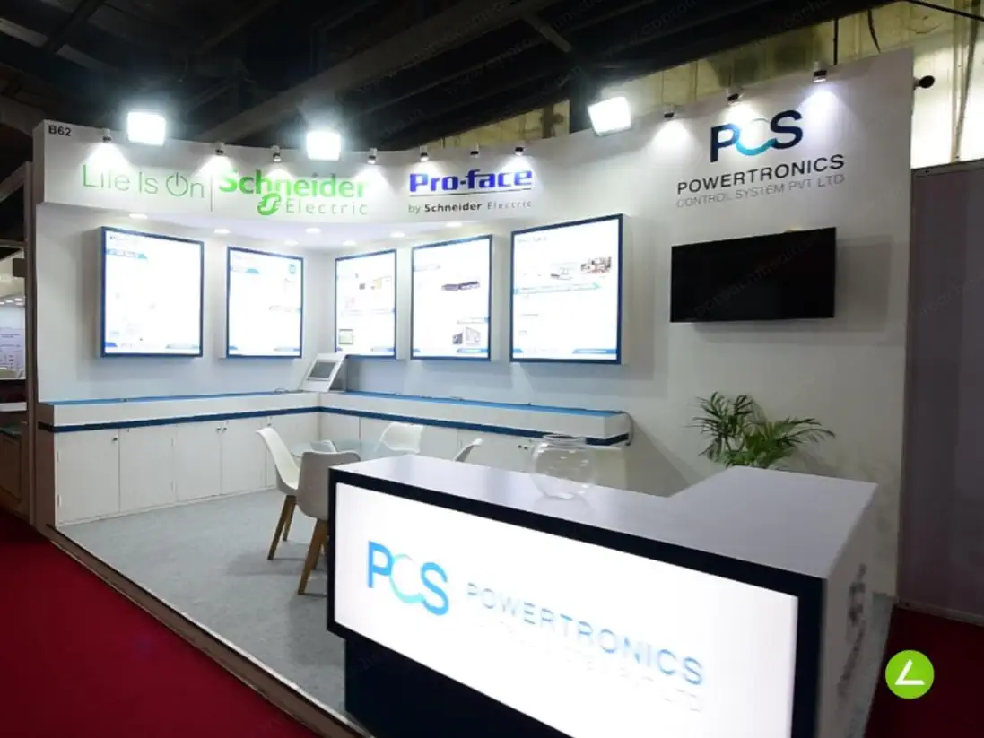Power & Automation Exhibition Stall Design at Pharmatech Expo Gandhinagar — 18 sqm 2 side open trade show booth for Powertronics Control Systems at Pharmatech Expo 2022, 2022