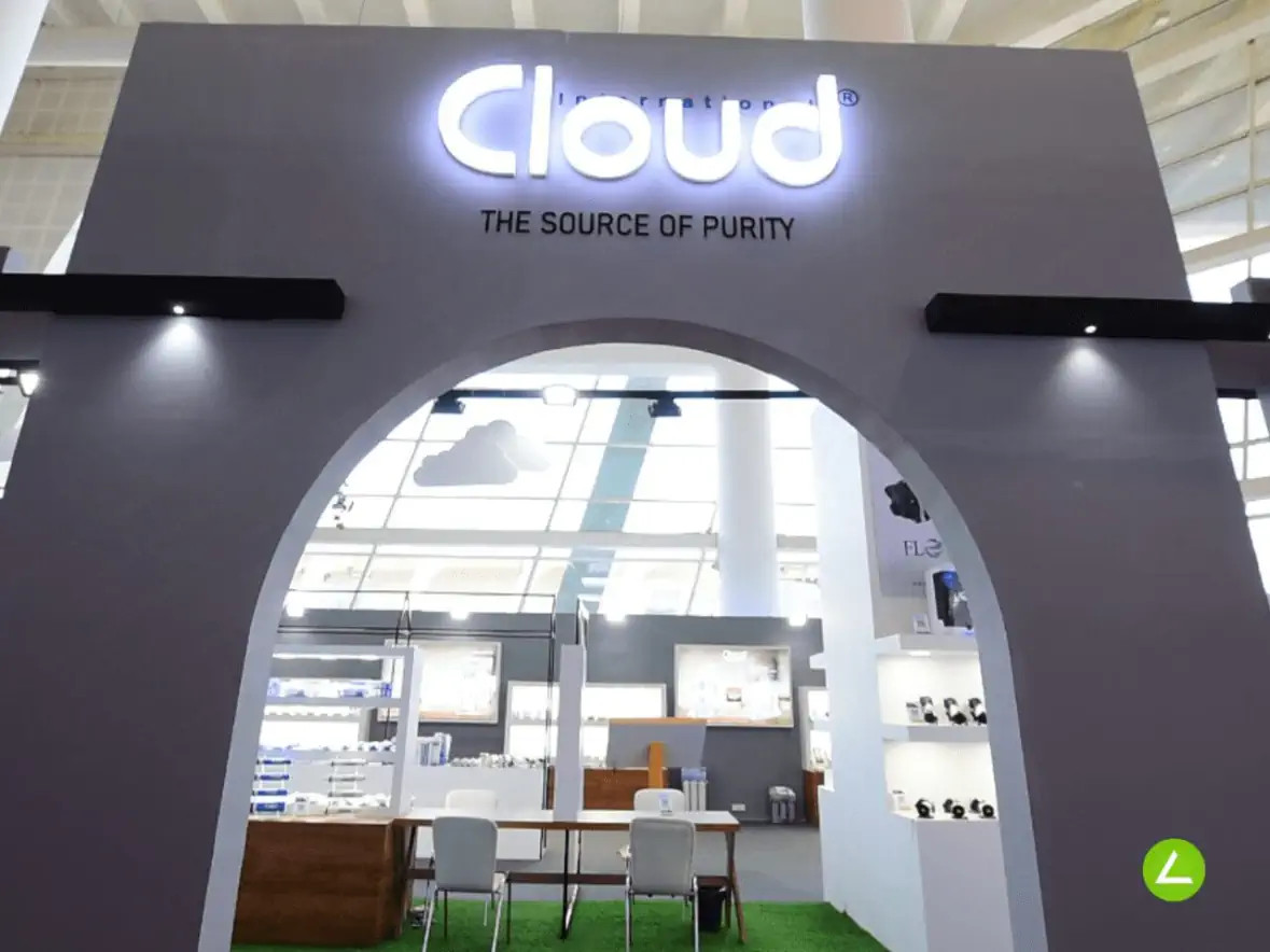 Water Dispenser Exhibition Stall Design at WAPTAG Water Expo Gandhinagar — 200 sqm 2 side open trade show booth for Cloud at WAPTAG Water Expo 2022, 2022
