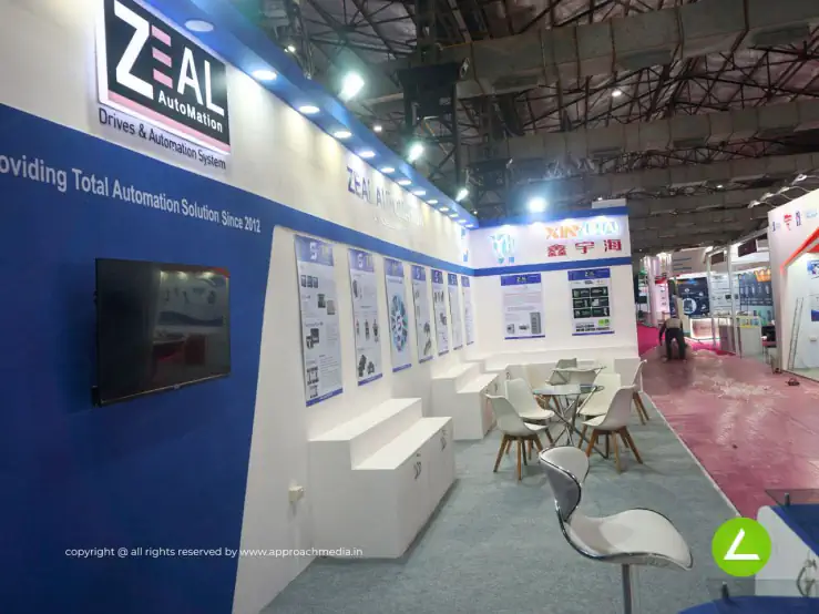Factory Automation Exhibition Stall Design at Automation Expo Mumbai — 36 sqm 2 side open trade show booth for Zeal Automation at Automation Expo 2023, 2023