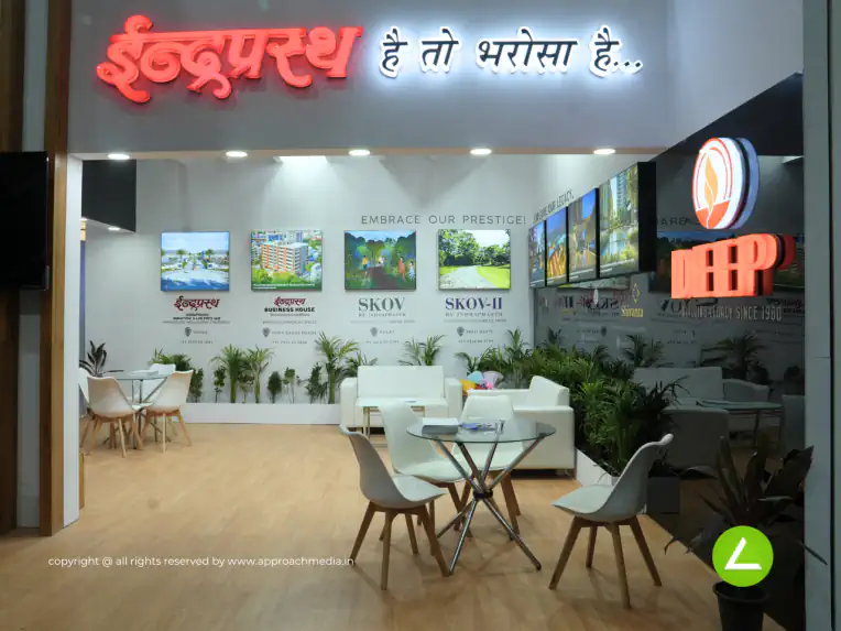 Property Developer Exhibition Stall Design at Builder & Real Estate Expo Ahmedabad — 36 sqm 2 side open trade show booth for Deep at Builder & Real Estate Expo 2023, 2023