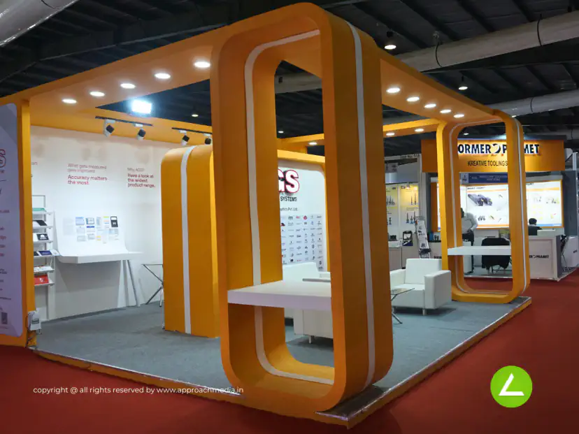 CNC Machine Exhibition Stall Design at ENGIMACH 2023 Gandhinagar — 36 sqm 3 side open trade show booth for AGS at ENGIMACH 2023, 2023