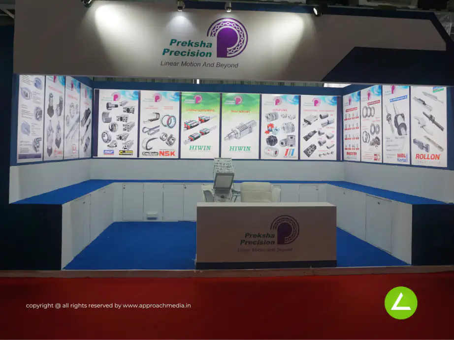 Precision Components Exhibition Stall Design at ENGIMACH 2023 Gandhinagar — 24 sqm 1 side open trade show booth for Preksha Precision at ENGIMACH 2023, 2023