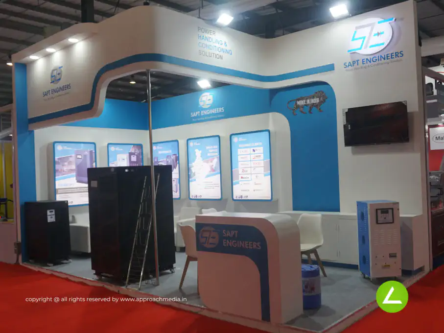 Precision Engineering Exhibition Stall Design at ENGIMACH 2023 Gandhinagar — 18 sqm 2 side open trade show booth for Sapt Engineers at ENGIMACH 2023, 2023