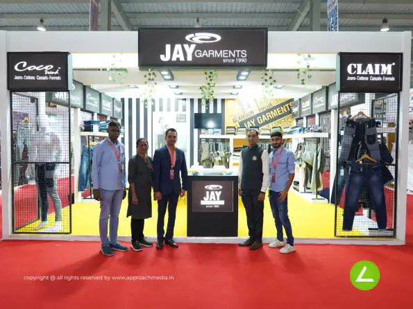 Denim Garment Exhibition Stall Design at GGMA Expo Gandhinagar — 36 sqm 3 side open trade show booth for Jay Garments at GGMA Expo 2023, 2023