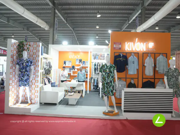 Fashion Apparel Exhibition Stall Design at GGMA Expo Gandhinagar — 36 sqm 3 side open trade show booth for Kivon at GGMA Expo 2023, 2023