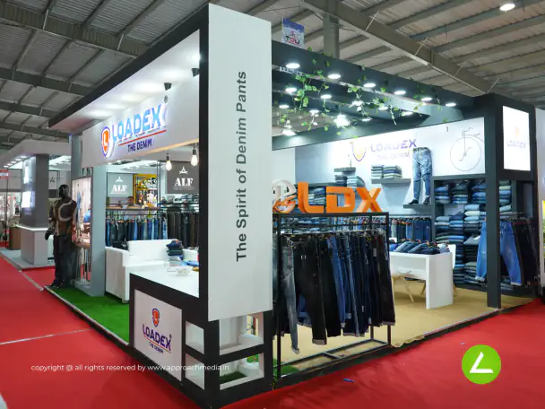 Denim Wear Exhibition Stall Design at GGMA Expo Gandhinagar — 36 sqm 3 side open trade show booth for Loadex at GGMA Expo 2023, 2023