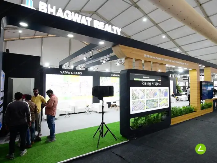 Realty Developer Exhibition Stall Design at GIHED 2023 Ahmedabad — 108 sqm 2 side open trade show booth for Bhagwat Reality at GIHED 2023, 2023
