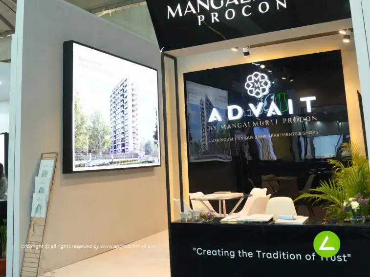 Residential Real Estate Exhibition Stall Design at GIHED 2023 Ahmedabad — 15 sqm 1 side open trade show booth for Mangalmurti at GIHED 2023, 2023