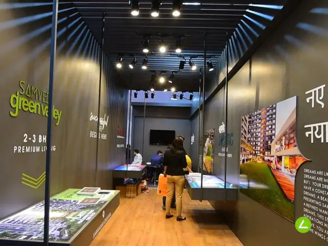 Property Exhibition Stall Design at GIHED 2023 Ahmedabad — 27 sqm 1 side open trade show booth for Samved Group at GIHED 2023, 2023