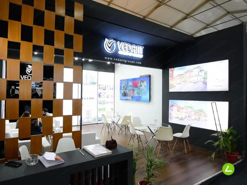 Real Estate Brand Exhibition Stall Design at GIHED 2023 Ahmedabad — 36 sqm 1 side open trade show booth for Vedant Group at GIHED 2023, 2023