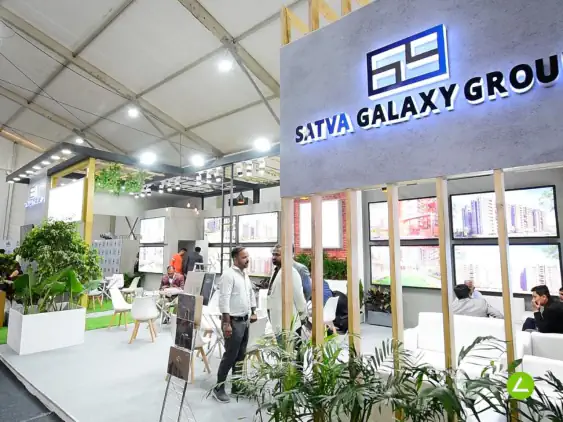 Real Estate Group Exhibition Stall Design at GIHED Expo 2023 Ahmedabad — 72 sqm 2 side open trade show booth for Satva Group at GIHED Expo 2023, 2023