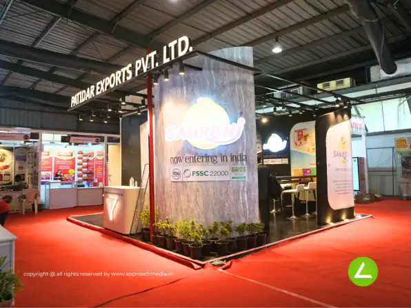 Food Export Exhibition Stall Design at Khadya Khorak Expo Gandhinagar — 36 sqm 2 side open trade show booth for Patidar Exports at KDKH 2023 (Khadya Khorak Expo), 2023