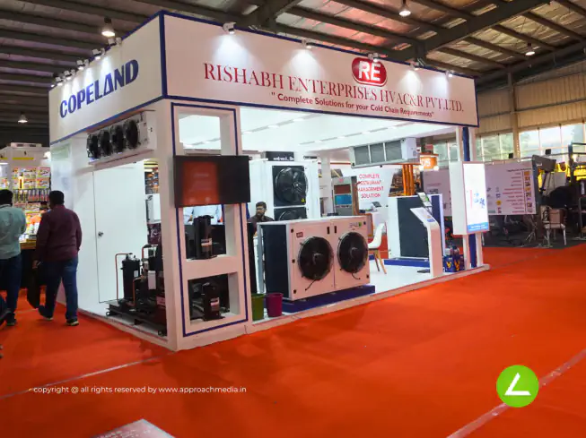 Commercial Kitchen Equipment Exhibition Stall Design at Khadya Khorak Expo Gandhinagar — 30 sqm 4 side open trade show booth for Rishabh Enterprise at Khadya Khorak Expo 2023, 2023