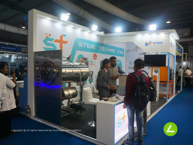 Medical Device Exhibition Stall Design at Medtech Gandhinagar — 18 sqm 2 side open trade show booth for Steri Technolabs at Medtech 2023, 2023