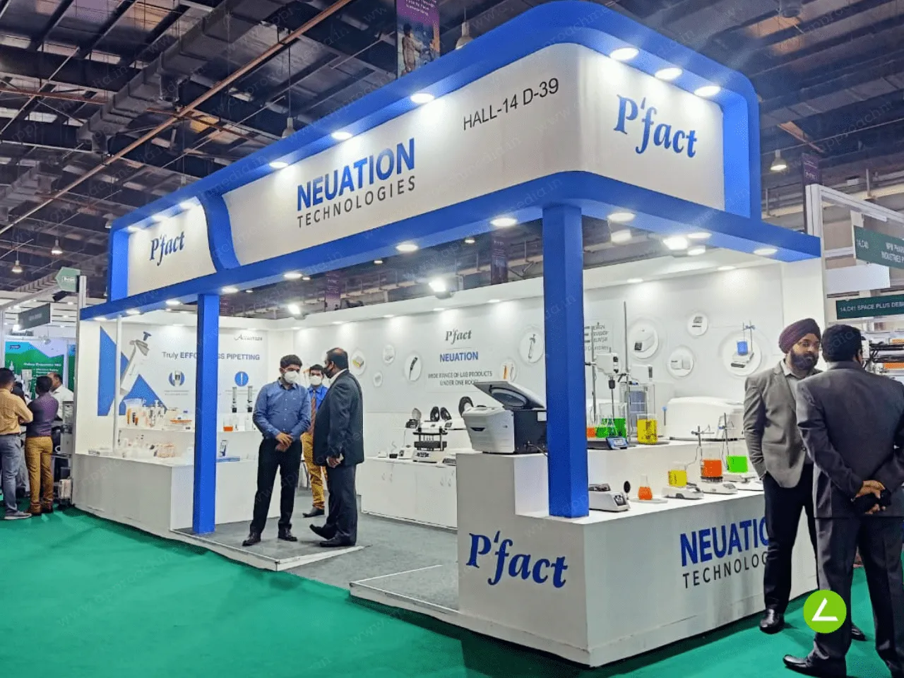 Lab Instruments Exhibition Stall Design at Pharmatech Gandhinagar — 27 sqm 2 side open trade show booth for Neuation Technologies at Pharmatech 2023, 2023