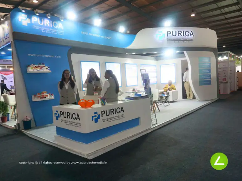 Pharma Water System Exhibition Stall Design at Pharmatech Gandhinagar — 27 sqm 2 side open trade show booth for Purica at Pharmatech 2023, 2023
