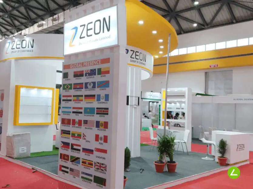 Pharma Machinery Exhibition Stall Design at Pharmatech Gandhinagar — 36 sqm 3 side open trade show booth for Zeon at Pharmatech 2023, 2023