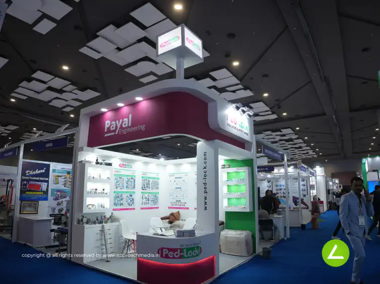 Plastic Components Exhibition Stall Design at Plast India Delhi — 9 sqm 2 side open trade show booth for Ped Lock at Plast India 2023, 2023