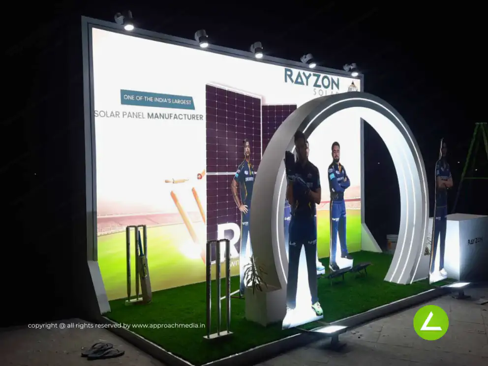 Solar Panel Exhibition Stall Design at Rayzon Stadium Expo Noida — 12 sqm 3 side open trade show booth for Rayzon Solar at Rayzon Stadium Kiosk Expo 2023, 2023