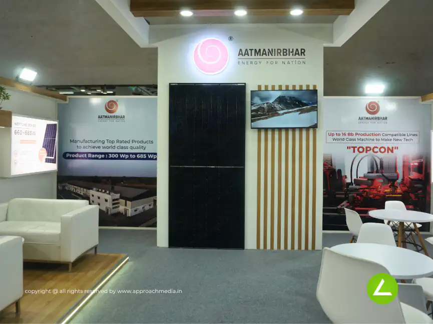 Solar Energy Exhibition Stall Design at REI Expo Delhi — 36 sqm 1 side open trade show booth for Aatmanirbhar Solar at REI Expo 2023, 2023