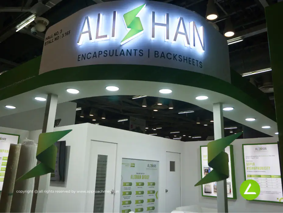 Renewable Energy Exhibition Stall Design at REI Expo Delhi — 36 sqm 2 side open trade show booth for Alishan at REI Expo 2023, 2023