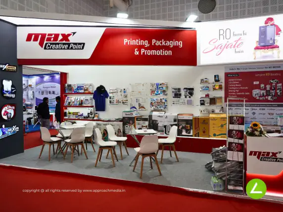 Water Solutions Exhibition Stall Design at WAPTAG Expo Delhi — 21 sqm 2 side open trade show booth for Max Creative Point at WAPTAG Expo 2023, 2023