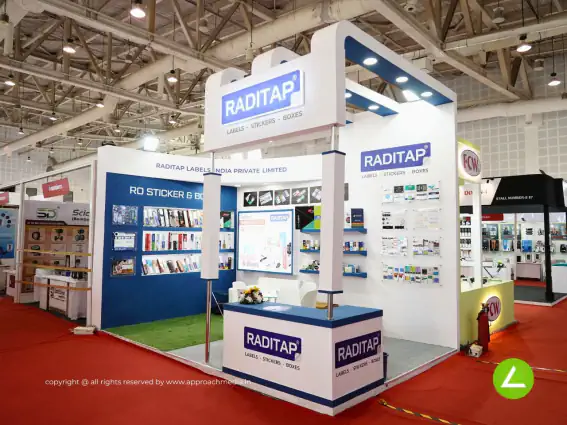 Water Tap Exhibition Stall Design at WAPTAG Expo Delhi — 15 sqm 2 side open trade show booth for Raditap at WAPTAG Expo 2023, 2023